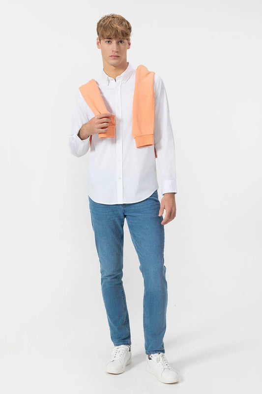 Camisa Cuello Boton Popelin Elastico Blanco Puro